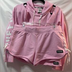 Victoria's Secret PINK Cut Out Shoulder Hoodie & Side Lace Short Set. Pink/Large